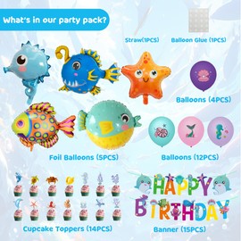 Pack of 50 Underwater World Children's Birthday Decoration - Ocean Animals Birthday Song, Happy Birthday Banner, Sea Animals Decoration, Sea Animal Balloons, Underwater World Party Birthday Party for