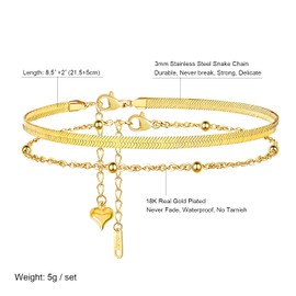 QJLE Ankle Bracelets for Women,18K Gold Plated Layered Beads Snake Chain Anklet for Women,Summer Beach Dainty Anklets Foot Jewelry Gift