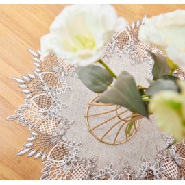 Raedan Natural Linen Doily 15 inches Round Neutral Earth Tones Beige Lace Coffee Table Topper Dresser Scarf Place Mats (Natural, 15” Round)
