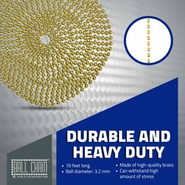 Ball Chain Number 6 Yellow Brass Ball Chain - 10 Foot Long Bead Chain - 3.2 mm in Diameter - 10 Matching Connectors Included - Corrosion and Rust Resistant Bead Ball Chain