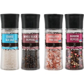 Soeos Black Peppercorns + White Sea Salt + Rainbow Peppercorns + Pink Salt, 9.8oz(277.82g) Spice Total, Grinder Set with Spice Included, Gourmet Gifts, Salt and Pepper Set, Spice Set.