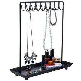 MyGift Black Metal Jewelry Stand for Women Jewelry Organizer Stand for Necklaces with 20 Hooks and Ring Tray Sturdy Necklace Pole