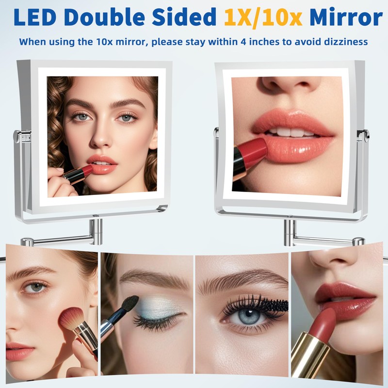 Ruacq Rechargeable Wall Mounted Makeup Mirror with Lights, Double Sided