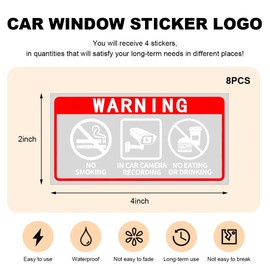 NYTKL 8PCS 2" x 4" Car Warning Stickers, No Smoking in Car Camera Recording No Eating or Drinking Window Sign, Waterproof Decal Anti Smoke Food & Beverage Warning Label for Vehicles