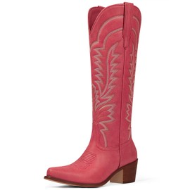 HICLOTSA Red Cowboy Boots for Women - Knee High Cowgirl Boots Pointed Toe Chunky Heel Pull On Classic Embroidered Fashion Retro Western Tall Boots for Women US Size 7