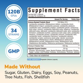 Vitalibre Probiotics for Women and Men, 120 Billion CFU 34 Strains, with Digestive Enzymes & Prebiotics, No Gluten, Gut Health, Digestive Health, Bloat Relief, 30 Vegetarian Capsules