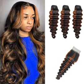 Human Hair Bundles Loose Deep Wave Bundles with Closure 18 20 22+18inch,1b/30 Colored Ombre Loose Wave Human Hair Extensions with Closure Two Tone Ombre Sew in Quick Weave