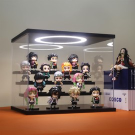 DORYBEN Acrylic Display Case with Adjustable LED Light, 4 Tier Clear Display Box Dustproof Showcase for Action Figures, Collectibles and Mini Toys, Assembly Display Cabinet(Black 12.5×9.5×10.4in)