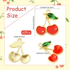 SUNNYCLUE 1 Box 60Pcs Enamel Cherry Charms Cherries Charms Bulk Alloy Vintage Red Metal Gold Flat Dangle Cute Fruit Pendants for Jewelry Making Supplies DIY Crafts Necklace Bracelet Earring Women