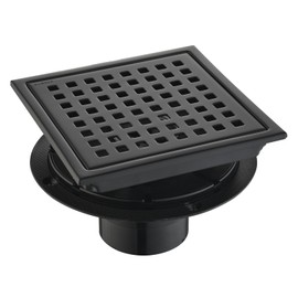 kuaisailsk 6 Inch Square Shower Drain with Flange,Matte Black，Quadrato Pattern Grate Removable,Food-Grade SUS 304 Stainless Steel，with Hair Strainer