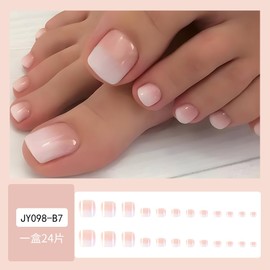 Short Square Press on Toenails Ombre White Stick on Toenails with Designs Glossy Skin Tones Fake Toenails Summer False Toenails Full Cover Glue on Toenails for Women Girls Manicure 24Pcs