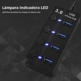 Sendowtek Hub USB 3.0 Universal 4 Puertos Multi USB 3.0 Splitter Hub 5 Gbps SuperSpeed Multi USB Hub Portátil con 4 Interruptores de Encendido/Apagado Individuales, Indicadores LED para Windows/iOS