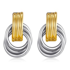 FASHGOOD Chunky Gold Earrings for Women,14K Gold Plated Knot Geometric Dangle Hoop Earrings,Collection Chunky Hoops Earrings,Knots Geometric Designs Hypoallergenic Earrings for Women Silver Gold