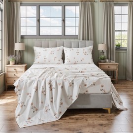 Lemfux California King Sheet Set 4-Piece Cotton - Tan Floral Botanical Print, Deep Pocket 17.5", Breathable Farmhouse Bedding 1 Flat Sheet 110"x102", 1 Fitted Sheet 72"x84", 2 Pillowcases 20"x36"