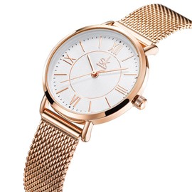 Alienwork Women's Watch Rose Gold Metal Mesh Strap White Ultra-thin Elegant