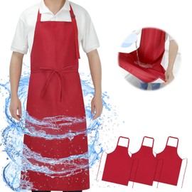 SHEOMERN 3 Pcs Dual Waterproof Long Apron, Anti-Tear Lightweight Cloth Apron for Dishwasher Dish Washing Dog Grooming Lab Cleaning Kitchen Chef Cooking BBQ Painting Butcher for Women & Men (Red)