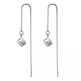 Unbranded 925 Silver Plated Square CZ Ear Chain Thread Pull Through Threader Earrings P1