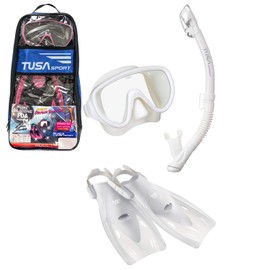 TUSA Sport Adult Serene Mask, Dry Snorkel, and Fins Travel Set, White/White, Small