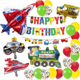 MAKFORT Geburtstagsdeko Junge Kindergeburtstag deko Birthday Decorations Kinder Geburtstag Folien Luftballon Flugzeug Zug Polizeiwagen Schulbus Yacht Ballons Happy Birthday Banner Geburtstag Deko