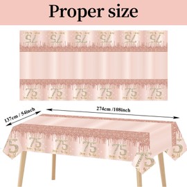 Excelloon 3 Pack 75th Birthday Tablecloth Decorations for Women, Pink Rose Gold Happy 75 Bday Theme Table Cover Party Supplies, 75 Year Old Birthday Plastic Disposable Rectangular Table Cloth Decor