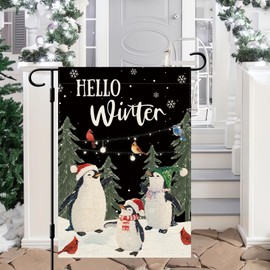DLZDN Hello Winter Penguin Garden Flag 12×18 Inch Double Side Vertical Burlap Farmhouse Yard Sign Winter Christmas Outdoor Decoration