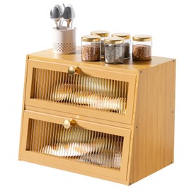 JUATPNIY Large Double Layer Wooden Bread Box for Kitchen Countertop，Bread Storage Container Farmhouse BreadBox Bread Holder Bin (Natural bamboo)