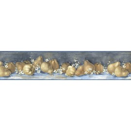 CONCORD WALLCOVERINGS ™ Wallpaper Border Fruits Pattern Pears Flowers for Kitchen Living Room, Blue Navy White Yellow, 5.25 Inches by 15 Feet BG76304