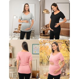 SUNNYBUY 3 Pack Womens Maternity Shirts Summer Soft Stretchy Pregnancy Tops Side Ruched V Neck Short Sleeve Tee Clothes, Black Pink Gray XL