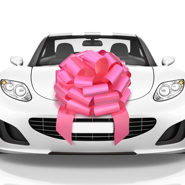 Mata1 Huge Car Bow (Pink, 18 inch), Big Gift Wrapping Bow for Large Gift Decoration, Giant Indoor/Outdoor Bow with 2 Ribbon Tails and 4 Stickers (No Magnets that Scratch)