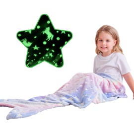 LAT LEE AND TOWN Mermaid Tail Blanket, Glow in The Dark Mermaid Tail Blanket For Girls, Glow in The Dark Unicorn Blanket, Soft Mermaid Wearable Blanket for Girls Kids All Seasons (Mermaids)