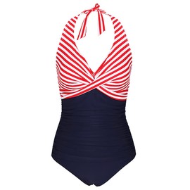 Bslingerie® Women Halter Pin Up Classic Monokini One Piece Swimsuits (M, Red Stripes)