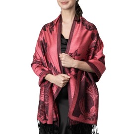 Achillea Two Tone Floral Roses Reversible Pashmina Scarf Shawl Wrap Stole 78" x 27" (Coral Pink/Black)