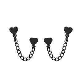 Cute Double Piercing Heart Love Stud With Short Chain Cuff Silver Black Plated Stainless Steel Earrings for Women Cartilage Two Holes Fashion Chic Minimalist Climber Crawler Threader Hypoallergenic Gifts Her Birthday Valentines Day Xmas (black)