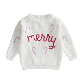 Bonangber Toddler Boy Girl Christmas Outfit Toddler Christmas Sweater Merry Candy Cane Embroidery Knit Crewneck Sweatshirt(A-White,18-24 Months)
