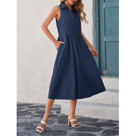 Wenrine Womens Summer Sleeveless Shirt Dress Casual Collared V Neck Cotton Loose Maxi Long Dresses with Pockets Navy Blue