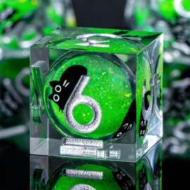 Roycevon Resin DND Dice Set with Gift Box, 7Pcs Liquid Core Cat Role Playing Dice, Green Sharp Edge Dice D20 D12 D10 D8 D6 D4