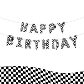 Race Car Happy Birthday Banner, Black and White Checkered Balloons Backdrop Racing Themed Party Decoration for Party Supplies