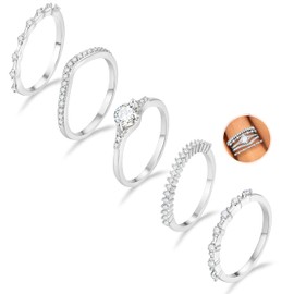 Macachii Silver Rings for Women Gold Wedding Ring with Cubic Zircon Stackable Dainty Thin Thumb Rings Fake Engagement Diamante Stacking Rings Jewellery Birthday Gifts 5 Pcs with Box