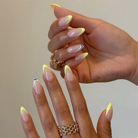 Lemond Yellow Press on Nails - French Tip False Nails with Glue - 24PCS French Manicure Fake nails - Full Cover Acrylic Stick on Nails for Women Girls - Long Lasting Glue on nails for DIY Nail Art