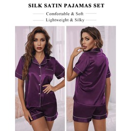 Anjue Silk Pj Sets Womens Silk Pajamas Set Short Sleeve Two Piece Satin Sleepwear Soft Silky Nightwear(Purple,S)