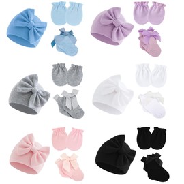 MKYSZLT 6 Pack Preemie Hats Mittens and Socks Set,Newborn Cotton Bow Caps and No Scratch Preemie Mittens Socks for Baby Girl