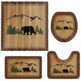 Drydiet 4 Pcs Rustic Cabin Bear Shower Curtain Set Wild Cabin Bear Forest Bath Shower Curtain Vintage Nonslip Bath Rugs Winter Hunting Camping Bath Lodge Decor Gifts for Bathroom Xmas Kitchen