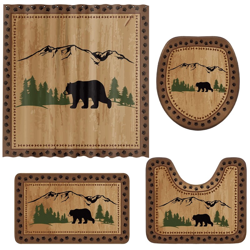 Drydiet 4 Pcs Rustic Cabin Bear Shower Curtain Set Wild