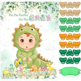 Faccito Pin The Pacifier Baby Shower Game Baby Shower Party Decorations Include Large Poster 24 Pacifier Stickers Blindfold Game Set for Birthday Party Decor Supplies(Dinosaur)
