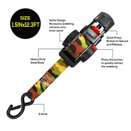 ANLULOAD 2 Packs Retractable Ratchet Straps (1.5in x 12.3ft),Cargo Strap Tie Downs for Trunk, Garage Motorcycles, Atvs,Trailers-WLL1,102LbS,BS:2,204Lbs（Camouflage Colour）