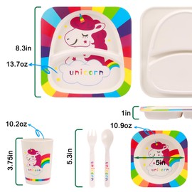PHEENOWL Unicorn Kids Dinnerware Set 5 Piece Includes Plate, Bowl, Tumbler and Utensil Tableware, Non-BPA Bamboo Fiber Material Perfect for Girls (Unicorn)