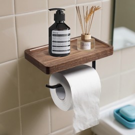 Rzoklot Toilet Paper Holder with Walnut Wood Shelf – Adhesive or Wall Mounted Bathroom Storage Organizer, Rustic Modern Wood and Metal Roll Rack for Small Spaces, RV, Guest Toilet