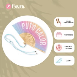 Fisura - Original hand fan with message "p*to calor". Funny wooden fan. Multi-coloured degraded fan. Dimensions: 42.5 x 23 cm. Wood and textile.