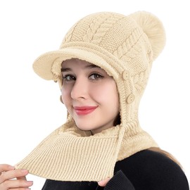 Rayson Winter Thickened Lining Hat Neck Warmer Facial Cover Set Womens Winter Knitted Beanie Hat with Faux Fur Pom(Beige)
