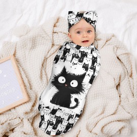 Figtihw Cat Swaddle Blankets Newborn Receiving Blanket Baby Swaddle Wrap with Headband Hat Set for Baby Girls Boys
